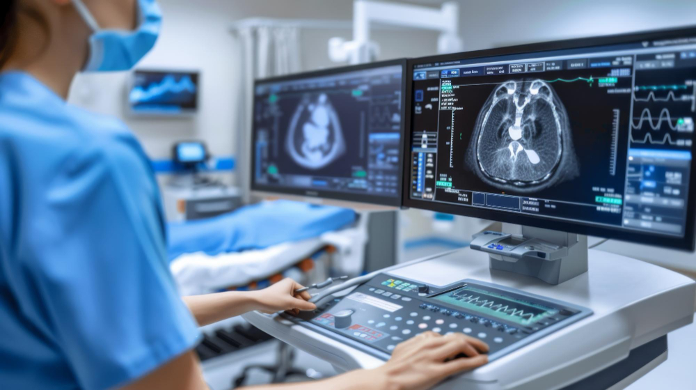 Medical professional analyzing brain scan on computer