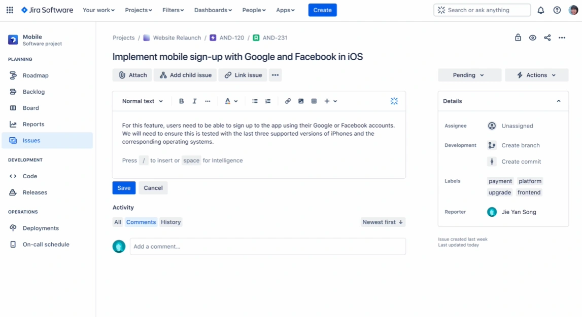 Jira interface